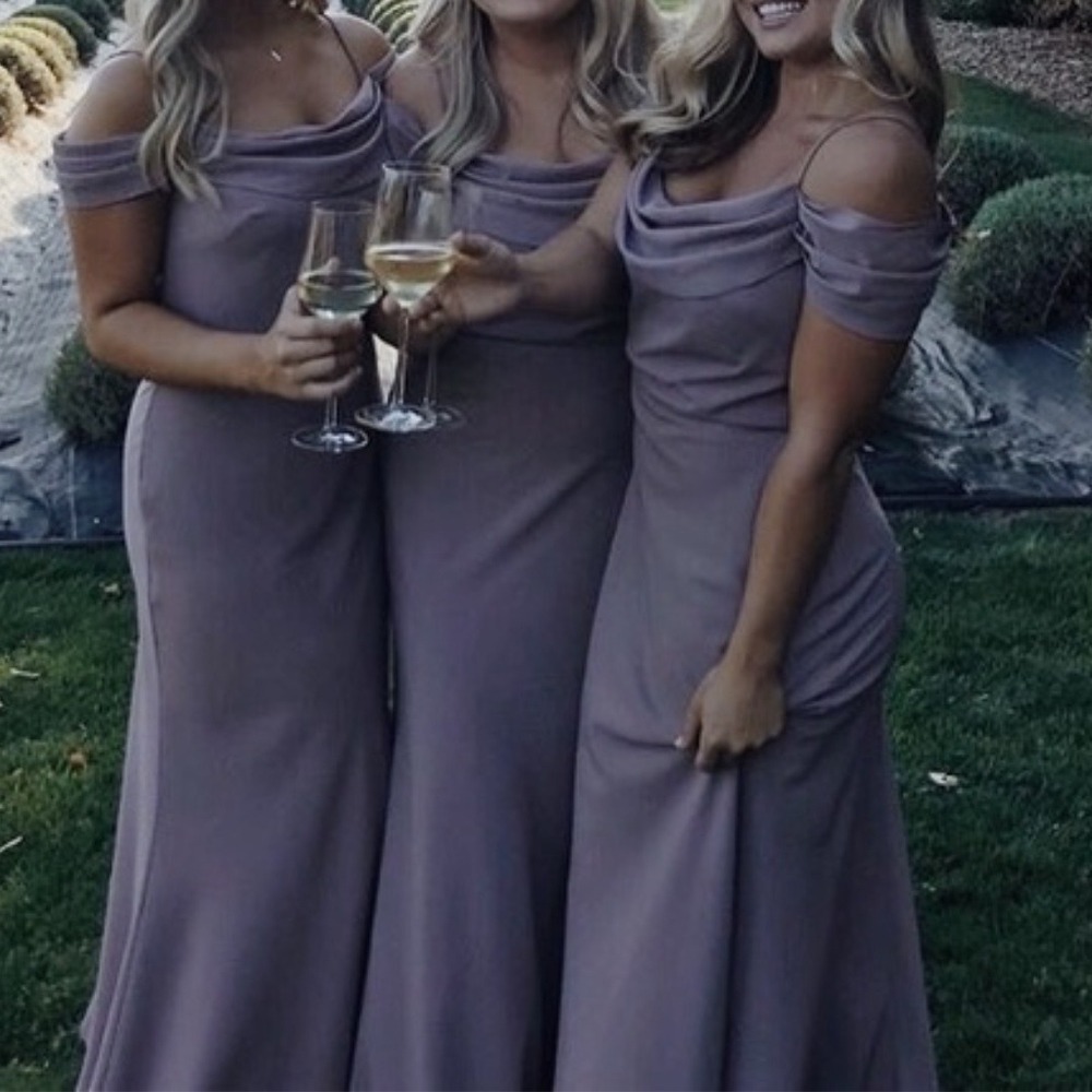 Jenny Yoo | Sabine‎ Draped Off-The-Shoulder Crepe Maxi Gown in Fig Purple